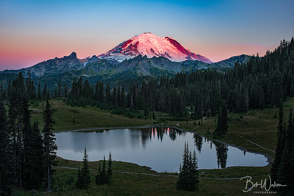 Dawn's alpenglow on Mount Rainier and Tipsoo Lake, Washington