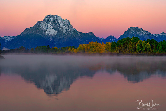 Dawn on Moran Mountain as viewed from Oxbow Bend, Grand Teton National Park