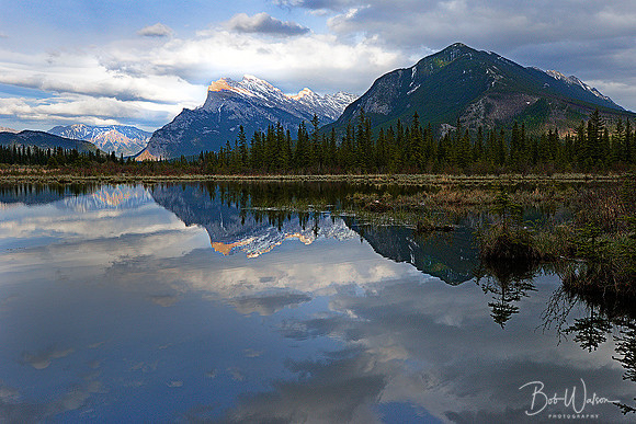 Sunset on Mount Rundle from the 3rd Vermilion Lake, Banff National Park, Alberta, Canada.