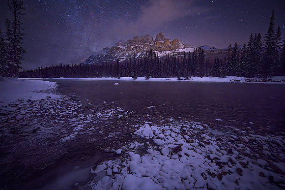 Castle Mountain on a Cold Wintery Night, Banff National Park, Canada